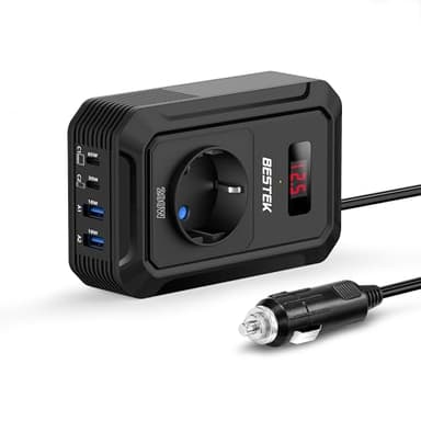 BESTEK 200W Inverter 12v 220v 230V 240V Onda Pura,Inverter Auto con Prese AC 2 USB-C (65 W e 30 W) 2 USB-QC (18 W),Convertitore Potenza per Camper/Barca a Onda Sinusoidale Modificata（Nera）