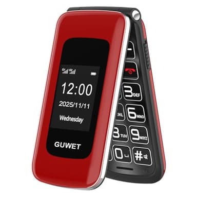 Guwet 2G Telefono Cellulare per Anziani con Tasti Grandi, Flip Phone, Funzione SOS, Batteria da 1600 mAh, 2.4"+1.77" Doppio Display, Doppia SIM con doppio standby, Rosso.