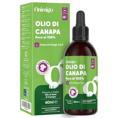 Olio di Semi di Canapa per Cani 100% Puro e Pressato a Freddo, Fonte di Omega 3, 6, 9, Integratori per Cane Olio di Semi di Canapa 60ml, per Tutte le Razze e Taglie, Senza Additivi, Prodotto in UE