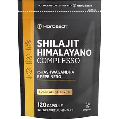 Shilajit Himalayano Puro Capsule | 1500 mg | 60% di Acido Fulvico | 120 Capsule Vegane | Integratore Alimentare di Estratto di Shilajit dalla Fonte Himalayana | Shilajit Complex | Horbaach