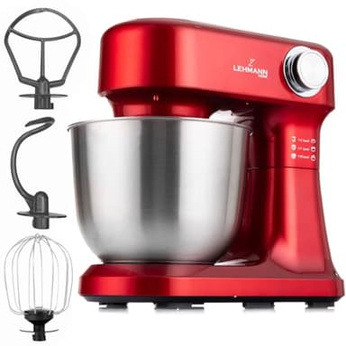 LEHMANN Impastatrice Planetaria con 12 Velocità, Ciotola 5 L, Accessori - Frusta, Gancio Impastare e Mescolatore, ideal Impastatrice per Pizza, Pane e Dolci, Rosso
