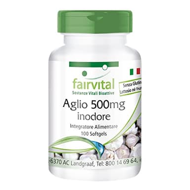 fairvital Capsule di aglio 500 mg, 100 softgel, facili da deglutire, contengono alliicina, estratto di aglio 100:1, ALTO DOSAGGIO e inodori