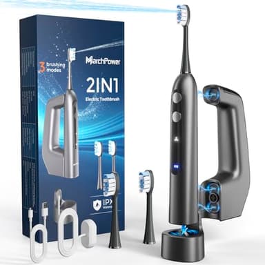 Marchpower 3-in-1 Spazzolino Elettrico e Idropulsore con Oscillazione a 46°, 3+4 Modalità, IPX7 Spazzolino Elettrico Professionale con Serbatoio Magnetico da 155 ml, 2 Testine di Ricambio, Grigio
