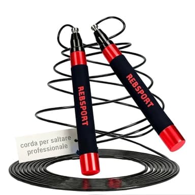 Corda per Saltare Professionale da Crossfit REBSPORT regolabile e autobloccante con Polsini in Regalo e 2 Cavi in Acciaio da 2.5mm ideale per double under (rosso)
