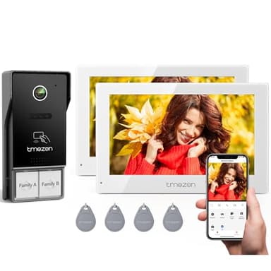 TMEZON Videocitofono Bifamiliare Y73,Videocitofono Smart Wifi 2 Fili con due monitor a Colori TFT LCD da 7'' e Campanello Esterno con Telecamera 1080P, Sblocco APP/RFID,Rilevamento Movimento Umano