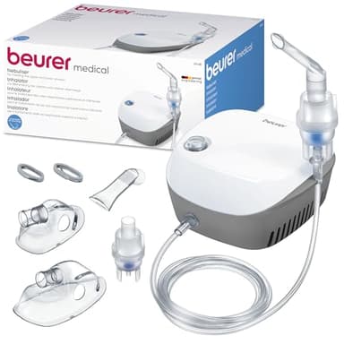 Beurer IH 18 Aerosol ad aria compressa con compressore CC per inalazione e trattamento delle vie respiratorie superiori e inferiori, per adulti e bambini, bianco, set accessori completi da 8 pezzi