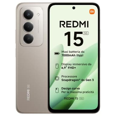 XIAOMI Redmi 15 5G, Smartphone 8+256GB, Display FHD+ da 6,9" 144Hz, Snapdragon® 6s Gen 3, Camera principale da 50MP, 7000mAh, Garanzia di 2 anni, Titanio, Caricabatterie non incluso