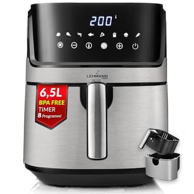 LEHMANN Friggitrice ad aria 6,5L, Air Fryer mit 8 Programmi, Cassetto Antiaderente di Grande Capacità, Display Touch, Timer, Temperatura Regolabile 80–200 °C, Cassetto Lavabile in Lavastoviglie