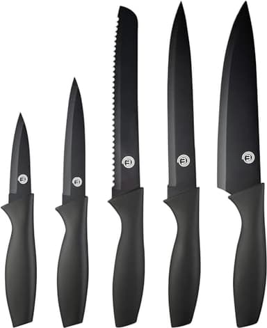 MasterChef Coltelli da Cucina, con Collezione di Coltello Chef per Pane, Carne e Verdure, Acciaio Inox, Prova di Calore, Lavabile in Lavastoviglie, 5 Pezzi, Nero