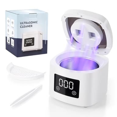 Pulitore Ultrasuoni per Apparecchio Dentale e Dental Pod UV-C - 45kHz Lavadentiera per Protesi, Bite, Mascherine Invisibili & Aligner - 200ml Vaschetta Ultrasuoni con Cestello e Pinzette
