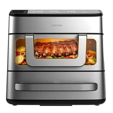 Cecotec Friggitrice ad Aria e Forno 18L Cecofry FoodCourt 18000 4Pizza+. 2700W, Forno Pizza 12" Incl. Pietra, 9L Parete Divisoria, Schermo Color, Acciaio Inox, Sincronizzazione Vaschette