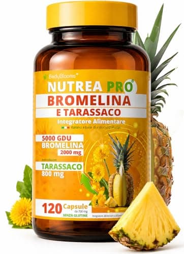 Bromelina forte 5000 gdu/g con Tarassaco | Bromelina 5000 gdu 120 capsule alta concentrazione da 2000 mg/giorno | Formulata con Tarassaco da 800 mg/giorno per un'azione completa | NUTREA PRO ITALIA