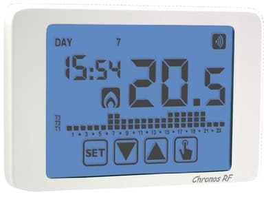Cronotermostato settimanale touch screen a radiofrequenza da parete CHRONOS RF VEMER VE484200 Funzione Estate/Inverno Alimentazione a batterie VDC 2x1,5V tipo AAA IP40 Il Cronotermostato deve essere abbinato ad un attuatore remoto a radiofrequenza