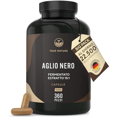 Aglio nero fermentato – 360 capsule – 22.500mg dose giornaliera (Estratto ad alto dosaggio) – Con S-allilcisteina naturale (SAC) e 14,89% di polifenoli – Aglio nero capsule – Vegano – TRUE NATURE