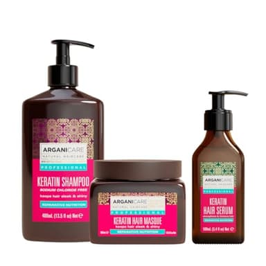 ARGANICARE | Shampoo + Maschera + Siero Cheratina | Rigenera intensamente i capelli | Previene & Tratta le doppie punte | Capelli morbidi e lucenti | Made in France | 400 ml + 500 ml + 100 ml
