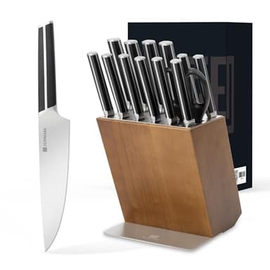Hanmaster Set Coltelli da Cucina, 14 PZ con Portacoltelli, Acciaio Tedesco X50CrMoV15 Alto Carbonio, Design Salva-Spazio per Cucine Domestiche e Professionali, Nero