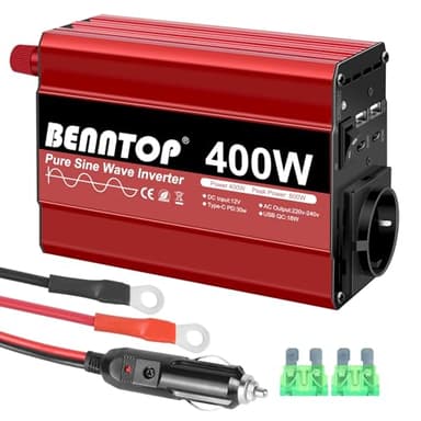 BENNTOP 400/800W Inverter Auto Onda Pura DC 12 V a AC 220 V 230 V Convertitore di Tensione con 4 Ports USB（typeA/C), 1 Prises EU & Prise Allume Cigare Adattatore Caricabatterie per Auto & Camper