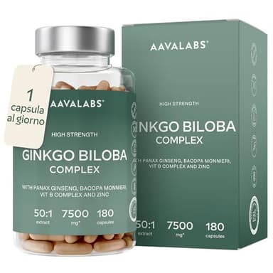 Ginkgo Biloba Integratore 7500mg 50:1 con Ginseng Rosso Coreano, Bacopa Monnieri, Vitamina B Complex, Zinco - Nootropico Integratore Memoria e Concentrazione, Metabolismo, Circolazione - 180 capsule