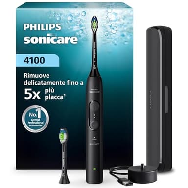 Spazzolino elettrico Philips Sonicare Serie 4100 - Spazzolino sonico con sensore di pressione, 4 impostazioni, EasyStart, SmarTimer, autonomia 21 giorni, custodia, nero, HX4044/52, [Nuovo]