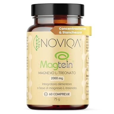 NOVIQA Magnesio L-Treonato Magtein® 2000 mg, 60 Compresse, Integratore Magtein Magnesio Treonato Puro ad Alta Biodisponibilità, Concentrazione, Memoria, Riduzione Stanchezza Mentale, Vegan