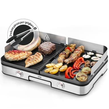 LEBENLANG Griglia Elettrica XXL 2400W - Incl. Pinze Per Barbecue & Paraspruzzi I Per Uso Interno & Esterno I Bistecchiera Barbecue Grill Elettrico Piastra Per Grigliare Senza Fumo BBQ Da Balcone
