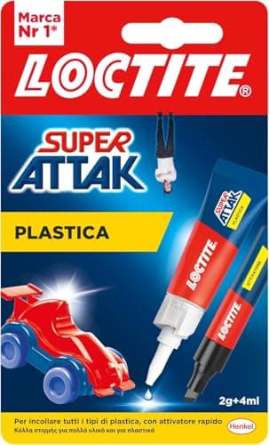 Loctite Super Attak Plastica, Colla per plastica istantanea, Adesivo liquido trasparente specifico per tutti i tipi di plastica, Colla cianoacrilica con attivatore, 2g+4ml