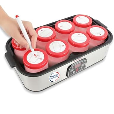 Yogurtiera compatta migliorata. Ricettario economico incluso. Etichette per coperchio e pennarello inclusi.8 vasetti di vetro da 180 mL senza BPA. Istruzioni in francese.Timer e spegnimento automatico