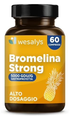 Bromelina Forte 5000 GDU/g Gastroprotetta, 1600mg di Bromelina Pura, Alto Dosaggio. Estratta naturalmente dall'Ananas Integratore Made in Italy, senza glutine e lattosio. Wesalys