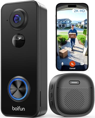 BOIFUN 2K Videocitofono Wifi Senza Fili da Esterno Campanello con Suoneria, 180°Vista Panoramica, Rilevamento Umano Intelligente AI, Audio Bidirezionale, IP65, Alexa Compatibile, 2.4GHz
