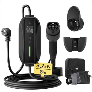 dé Cavo Ricarica Auto Elettrica Tipo 2 Schuko 8m [3,7kW| 6-16A] Colonnina Ricarica Auto Elettrica, Wallbox Portatile con LCD Digitale e Supporto Compatibile con Model 3/Y, Seal U e Altri EV/PHEV