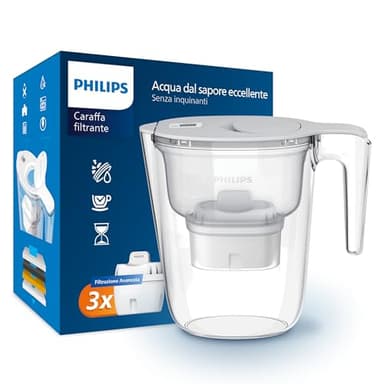 Philips Water Caraffa filtrante + 3 Cartucce Filtranti di Ricambio, Filtrazione Avanzata, Flusso rapido, Timer elettronico, filtra Cloro, Calcare, Metalli Pesanti e Microplastiche, Bianco, 2.6 Litri