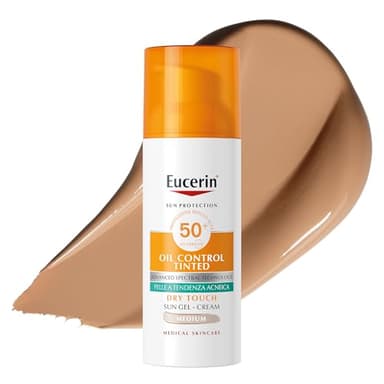 Eucerin Oil Control Tinted Dry Touch Medium SPF50+ 50 ml, Crema solare viso 50+ colorata e opacizzante, Protezione solare viso 50+ senza profumo, Texture leggera per pelle grassa, acneica e sensibile