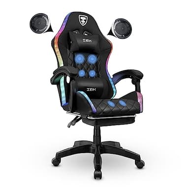 IBK Sedia da Gaming professionale, similpelle, massaggiante, supporto lombare, Led RGB, casse bluetooth, regolabile in altezza, schienale reclinabile, pistone a gas classe 3, Ufficio PC (Nero)