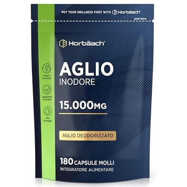 Aglio Capsule Inodore 15000mg | 180 Capsule Molli per 6 Mesi | Estratto di Aglio Deodorizzato ad Alto Dosaggio | Ricavato da Allium Sativum | Odorless Garlic Softgels | by Horbaach