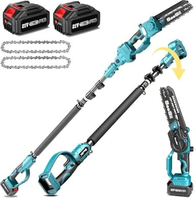 SEESII 2-in-1 Motosega Telescopica & Mini Motosega con 2 Batterie da 4000mAh, Motosega Senza Spazzole da 8 Pollici con Asta Telescopica, Estendibile fino a 15 Piedi Ideale per Potatura Alberi