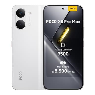 POCO X8 Pro Max, Smartphone 12+512GB, Dimensity 9500s, Batteria 8500mAh (typ), Display AMOLED ultra luminoso, Fotocamera da 50MP con OIS, Bianco, Garanzia 2 anni+1 anno extra, Caricatore non incluso
