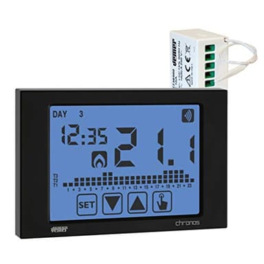 VEMER VE487500 SET CHRONOS RF - Set composto da 1 Cronotermostato Touch Screen da Parete a Batterie + 1 Attuatore Remoto RF, Nero