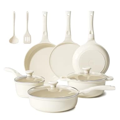Redchef Set di 11 pentole in ceramica con coperchio in vetro - Senza PTFE - Senza PFAS - Adatto a tutti i tipi di piano cottura - Lavabile in lavastoviglie (beige)