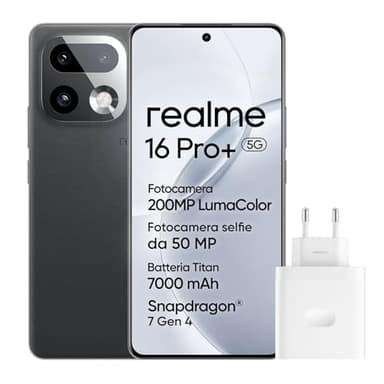 realme 16 Pro+ 5G Smartphone, 8GB+256GB, Display Curvo AMOLED 144Hz 6,8", Batteria 7000mAh, Fotocamera 200MP OIS, IP69K, Ricarica Rapida 80W, Doppia SIM, Next AI, Grigio (Con Adattatore)