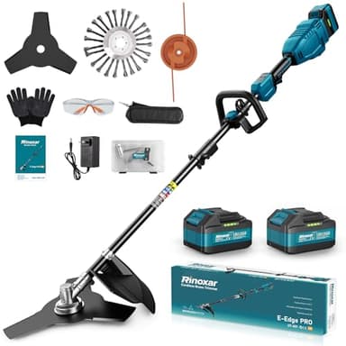 Decespugliatore a Batteria, Tagliabordi a Batteria 26 cm con Motore Anteriore Brushless, 2 x 5200mAh, 8000/12000 Giri/min, 3 Lame, Asta Regolabile, per Prato, Erba Alta, Bordi e Giardino