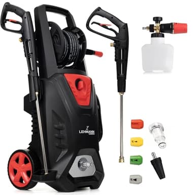 LEHMANN Colorado Idropulitrice alta pressione, 3000 W, max. 260 bar, Portata 492 l/h, Motore a Induzione, Raggio d'azione 17 m, Accessori - Lancia Schiuma, 4 Ugelli e Ugello Turbo, Nero/Rosso
