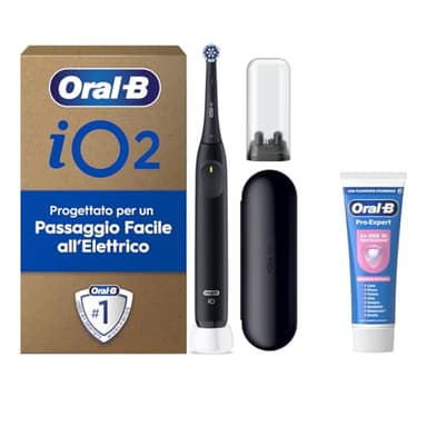 Oral-B iO 2 Spazzolino Elettrico Ricaricabile, 1 Testina di Ricambio, Nero - 1 Testine di Ricambio per Spazzolino Elettrico, Custodia da Viaggio + 1 Dentifricio Oral B Pro-Expert, Pulizia Denti