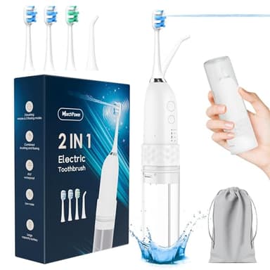Marchpower 2-IN-1 Spazzolino Elettrico e Idropulsore Dentale Portatile con Modalità 3 x 4, 40000VPM Irrigatore Dentale, Spazzolino Sonico con 3 Testine & 1 Beccuccio per la Casa, Viaggio