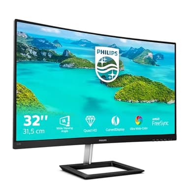 Philips Monitor Gaming 325E1C Monitor Curvo, Freesync 75 Hz, LCD da 32", 2K Quad HD 2560 x 1440 VA, 4 ms, HDMI, Display Port, VGA, Flicker Free, Low Blue Light, Ultra Wide Color, VESA, Nero