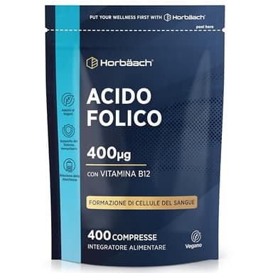 Acido Folico 400mcg con Vitamina B12 | 13 Mesi di Scorta | 400 Compresse Vegane | Integratore con Acido Folico | Folic Acid Vitamin B12 Supplement | di Horbaach