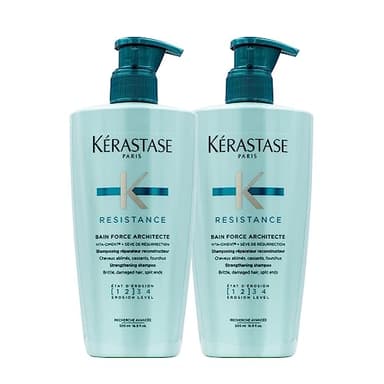 Kérastase Shampoo per capelli danneggiati e danneggiati, capelli rigeneranti e rinforzanti, Bain Force Architecte, Résistance, 2 x 500 ml