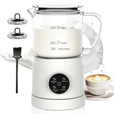 Montalatte Elettrico 4 in 1, Cappuccinatore Elettrico per Calda e Fredda, Scaldalatte in Vetro, Macchina Automatica per Caffè Latte, Cioccolata (Bianco)