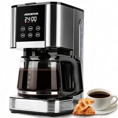 Aigostar - Macchina Caffè Americano, 1000W, Programmabile 24h con Display LCD, Autopulizia, 1.5L (12 Tazze), Regolazione Intensità, Filtro Riutilizzabile, Antigoccia, Piastra Riscaldante, BPA FREE