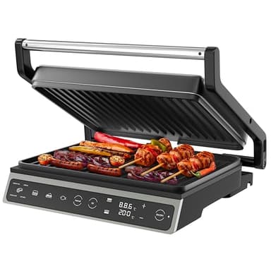 Olvy Piastra Grill con Touchscreen - Senza PFAS - 7 Programmi Automatici - Apertura 180° 1800W - Piastre Antiaderenti - Termostato & Timer - Piastra Panini & Tostiera in Acciaio Inox