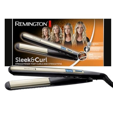 Remington Piastra Sleek & Curl - Ottimo per lisciare e modellare Ricci e Onde - Design arrotondato, rivestimento ceramico ultra, Tormalina di qualità, Display LCD, 150-230°C, piastra per capelli S6500